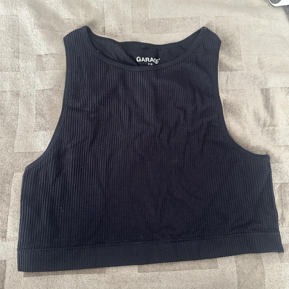 Garage Tank Top Womens P/S Black‎ Ribbed Crew Neck Cropped Stretch Knit